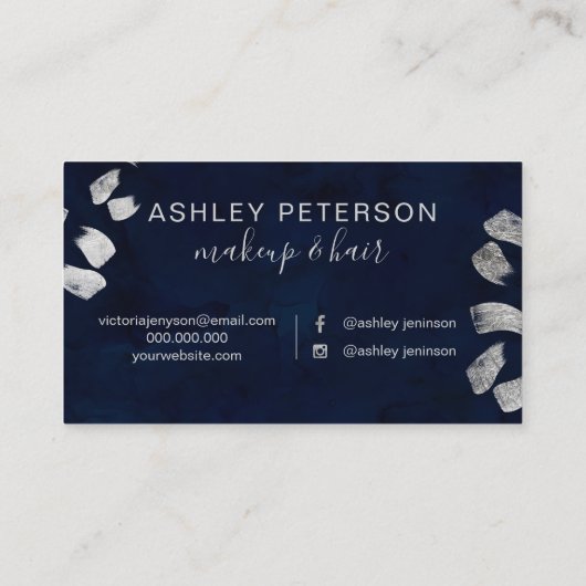 ネービーブルーシルバーブラシストローク化粧タイポグラフィ 名刺 (裏面)
