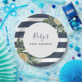 ネービーブルーストライプレモンシトラスファーストバースデーパーティー ペーパープレート (パーティー)