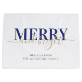 ネービーブルータイポグラフィメリーと明るいクリスマス  ラージペーパーバッグ (正面)