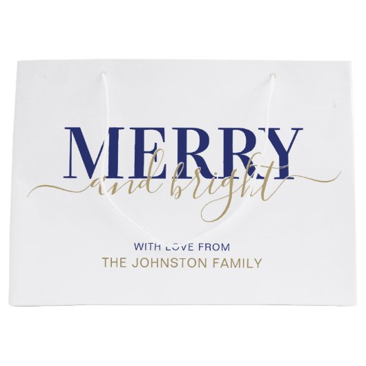 ネービーブルータイポグラフィメリーと明るいクリスマス  ラージペーパーバッグ (正面)