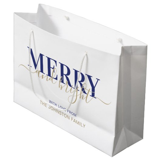 ネービーブルータイポグラフィメリーと明るいクリスマス  ラージペーパーバッグ (正面アングル)