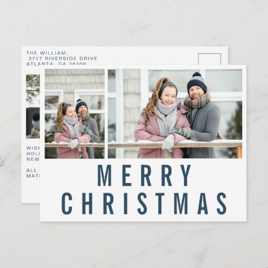 ネービーブルータイポグラフィメリークリスマスフォトコラージュ ポストカード (正面/裏面)
