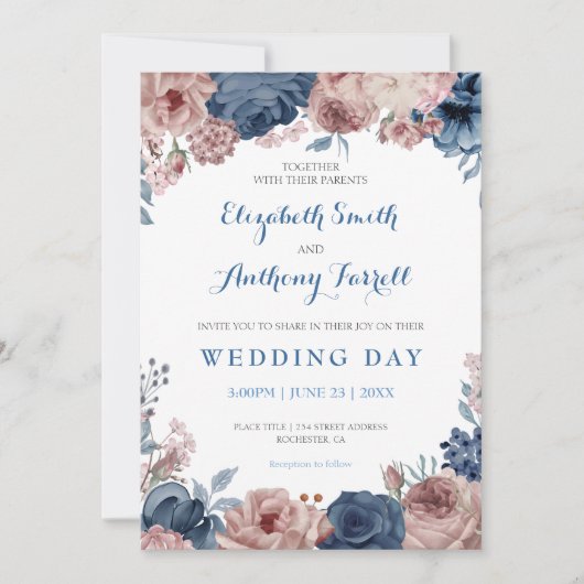 ネービーブルーバラモーブ水色フローラ結婚ズ 招待状 (正面)