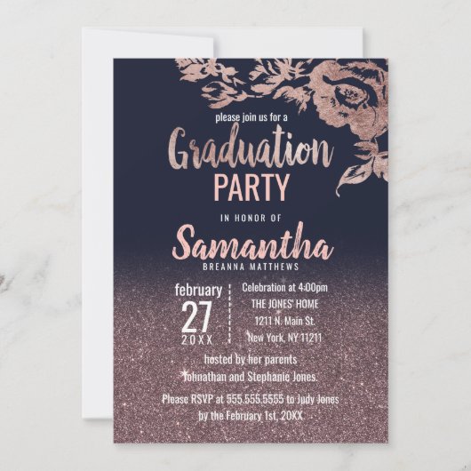 ネービーブルーバラ金ゴールドグリッターフローラ卒業 招待状 (正面)