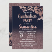 ネービーブルーバラ金ゴールドグリッターフローラ卒業 招待状 (正面/裏面)