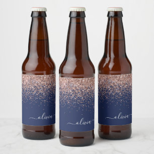 ネービーブルーバラ金ゴールド赤面ピンクグリッターモノグラム ビールラベル