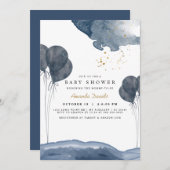 ネービーブルーバルーンウォーターカラーボーホーベビーシャワー 招待状 (正面/裏面)