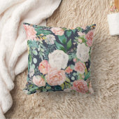 ネービーブルーピロー(ピンクと白の花模様) クッション (ブランケット)