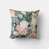 ネービーブルーピロー(ピンクと白の花模様) クッション (正面)