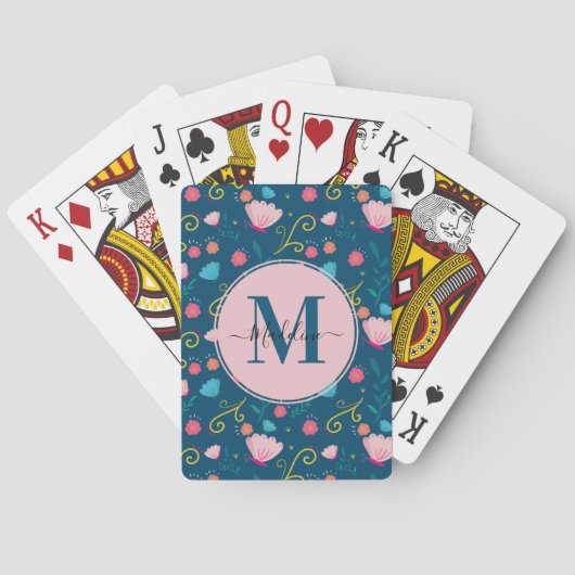 ネービーブルーピンクの植物蝶の名前モノグラム トランプ (裏面)