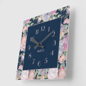 ネービーブルーピンクパープルハンドドローフローラ  スクエア壁時計 (傾斜)