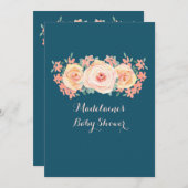 ネービーブルーピーチ水彩フローラベビーシャワー 招待状 (正面/裏面)