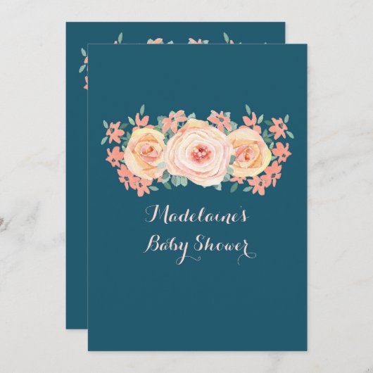 ネービーブルーピーチ水彩フローラベビーシャワー 招待状 (正面/裏面)