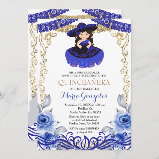 ネービーブルーフラワーズ金ゴールドキンセアニェラ招待状 招待状 (正面/裏面)