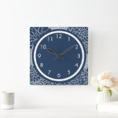 ネービーブルーフローラ スクエア壁時計 (ホーム)