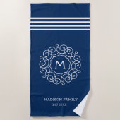 ネービーブルーホワイトストライプモノグラムネームイニシャル ビーチタオル (正面)