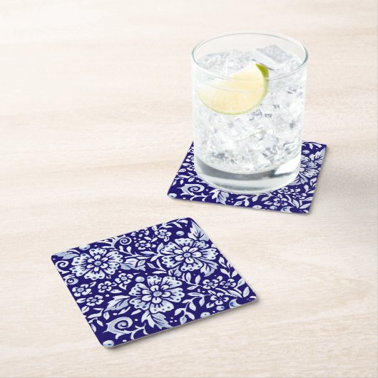 ネービーブルーホワイトフローラチはっきりしたノイセリーデザイン スクエアペーパーコースター (インサイチュ)