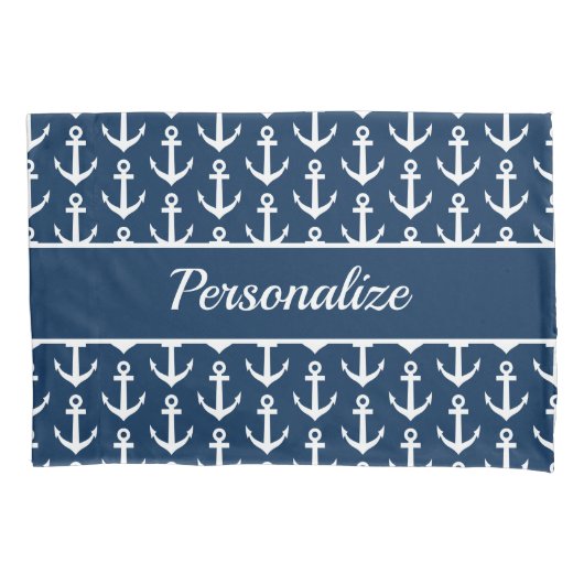 ネービーブルーホワイトボート航海のいかりカスタム 枕カバー (正面)