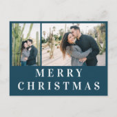 ネービーブルーホワイト文字メリークリスマスフォトコラージュ ポストカード (正面)