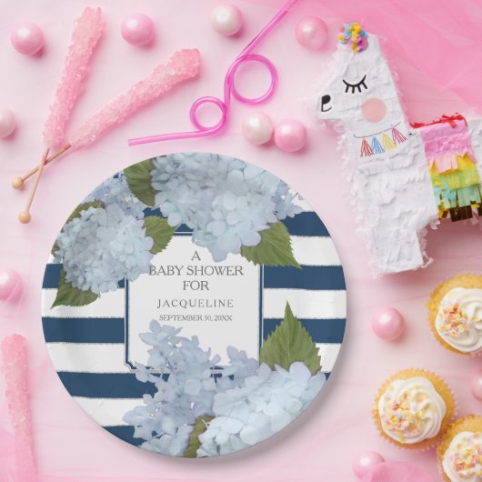 ネービーブルーホワストライプのイトアジアフローラベビー ペーパープレート (パーティー)