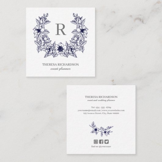 ネービーブルーマグノリアリースモノグラムソーシャルメディア スクエア名刺 (正面/裏面)