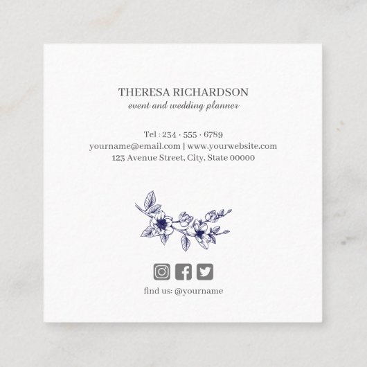 ネービーブルーマグノリアリースモノグラムソーシャルメディア スクエア名刺 (裏面)