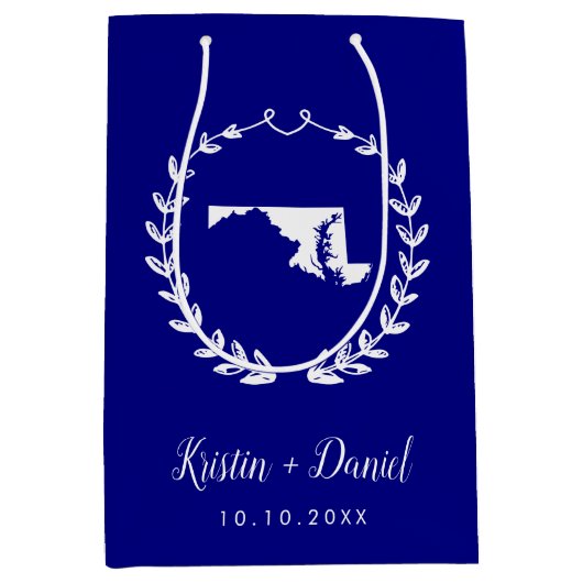 ネービーブルーメリーランドマップズウェ結婚ルカムスワッグ ミディアムペーパーバッグ (正面)