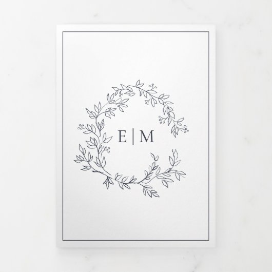 ネービーブルーリーフィークレストモノ結婚グラムズ 三つ折り招待状 (カバー)