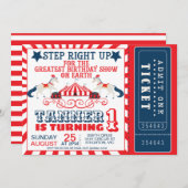 ネービーブルーレッドサーカスチケットサーカステント誕生日 招待状 (正面/裏面)