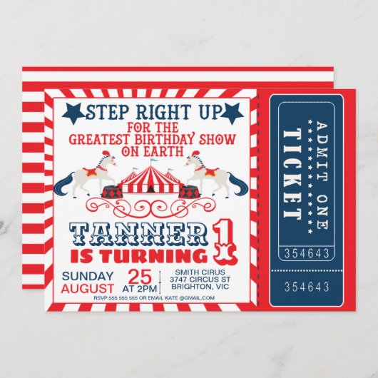 ネービーブルーレッドサーカスチケットサーカステント誕生日 招待状 (正面/裏面)