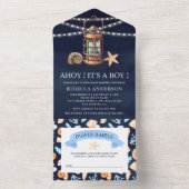 ネービーブルーヴィンテージ航海のランタンベビーシャワー オールインワン招待状 (内側)
