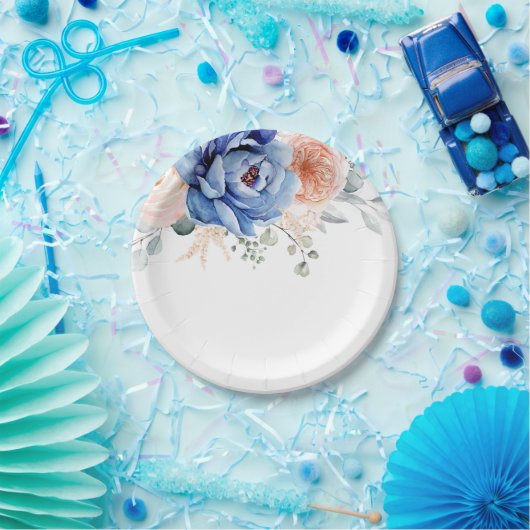 ネービーブルー石板ダスティ赤面ピンク結婚フローラズ ペーパープレート (パーティー)