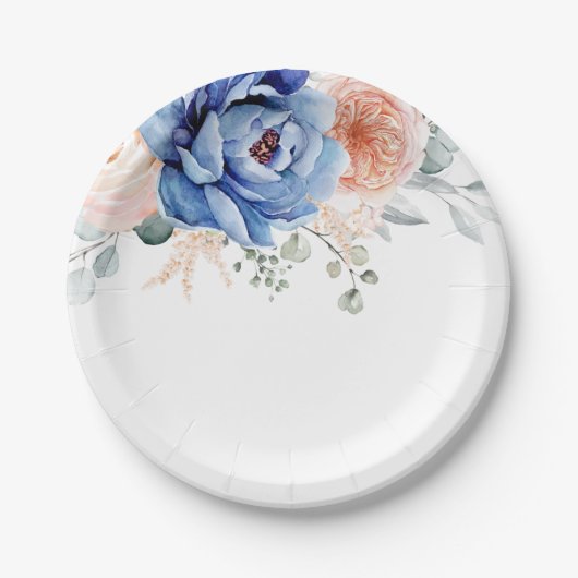 ネービーブルー石板ダスティ赤面ピンク結婚フローラズ  ペーパープレート (正面)