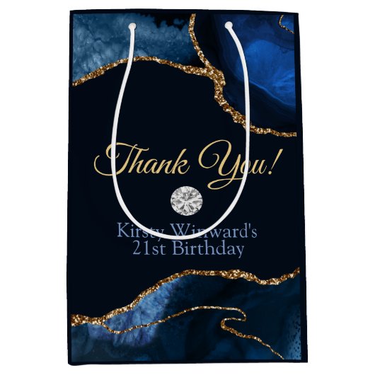 ネービーブルー金ゴールドグリッターアゲート誕生日ありがとう ミディアムペーパーバッグ (正面)