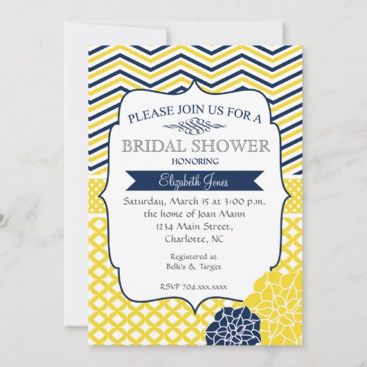 ネービーブルー&イエローブライダルシャワーの招待 招待状 (正面)