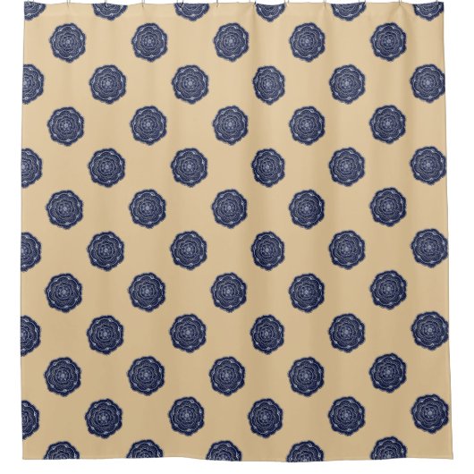 ネービーブルー&タンレースフラワーズ シャワーカーテン (正面)