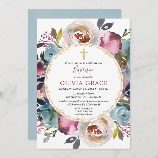 ネービーブルー·バーゴーニュ·マーロット·バプティスマフローラ 招待状 (正面/裏面)