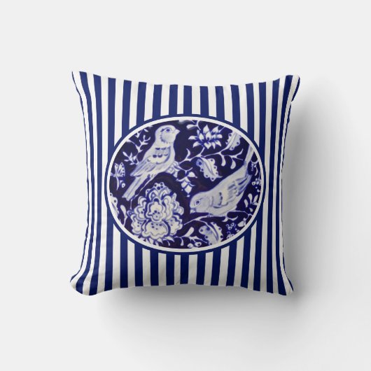 ネービーブルー&ホワイトチノセリーバードズストライプフローラ クッション (正面)