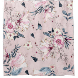 ネービーブルー&赤面水彩花 シャワーカーテン