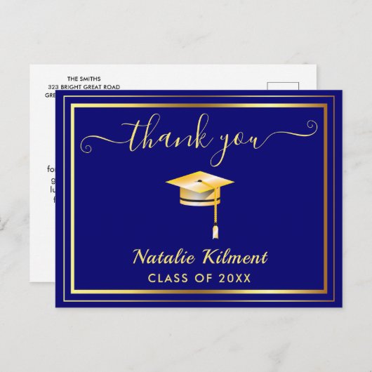 ネービーブルー&金ゴールド卒園お礼のはがき 案内ポストカード (正面/裏面)