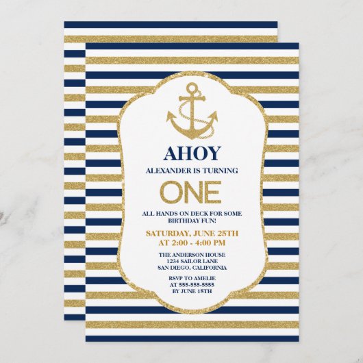 ネービーブ航海のルー金ゴールドいかり誕生会 招待状 (正面/裏面)