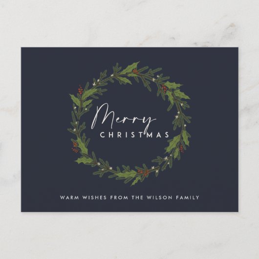 ネービーホリモダンーベリーリースメリークリスマス シーズンポストカード (正面)