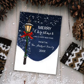 ネービーホワイトスノーリーランプポストガーランドボウクリスマス シーズンカード