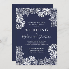 ネービーレースアップリケエレガントウェディング 招待状