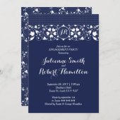 ネービーレースモノグラム婚約パーティ招待状 招待状 (正面/裏面)