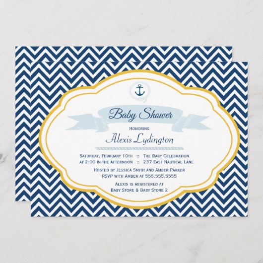 ネービー航海の金ゴールドシェブロン男の赤ちゃんシャワー招待状 招待状 (正面/裏面)