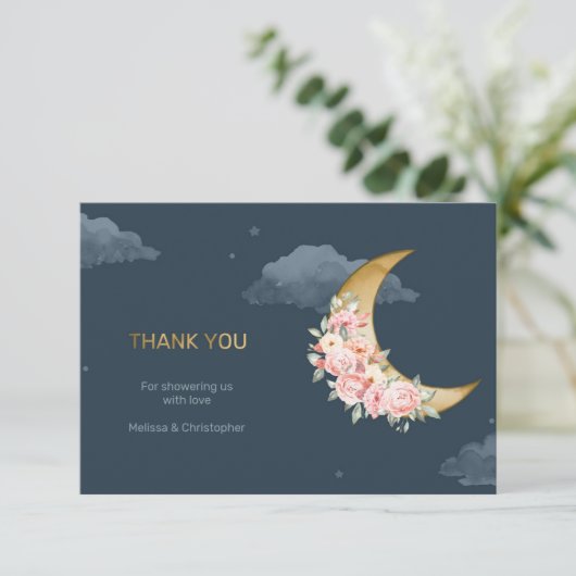 ネービー赤面の金ゴールドが月のベビーシャワーの上を覆う サンキューカード (スタンド正面)