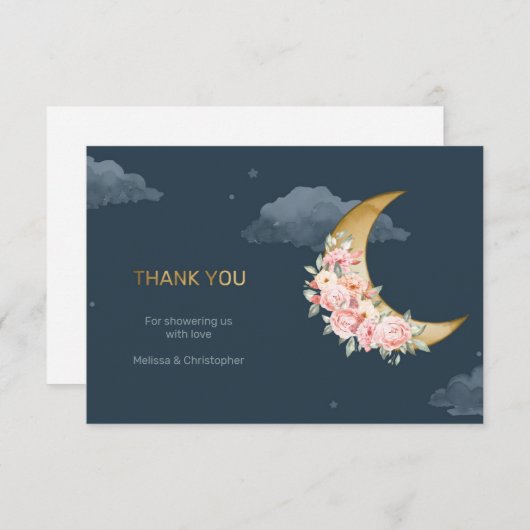 ネービー赤面の金ゴールドが月のベビーシャワーの上を覆う サンキューカード (正面/裏面)