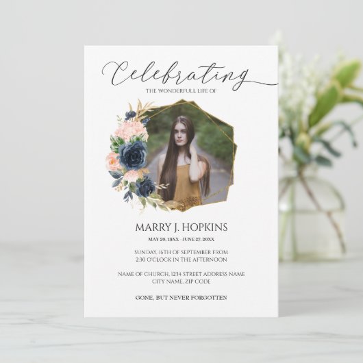 ネービー赤面ブロッサムフォトお祝いオブライフ 招待状 (スタンド正面)