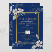 ネービー金ゴールドダスティ白い花の水彩  セーブザデート (正面/裏面)